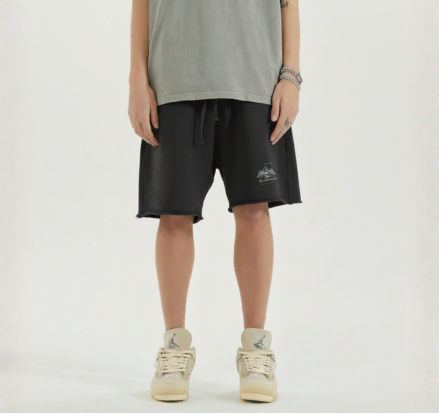 Baggy Shorts with Raw Hem - Illuminati White Logo