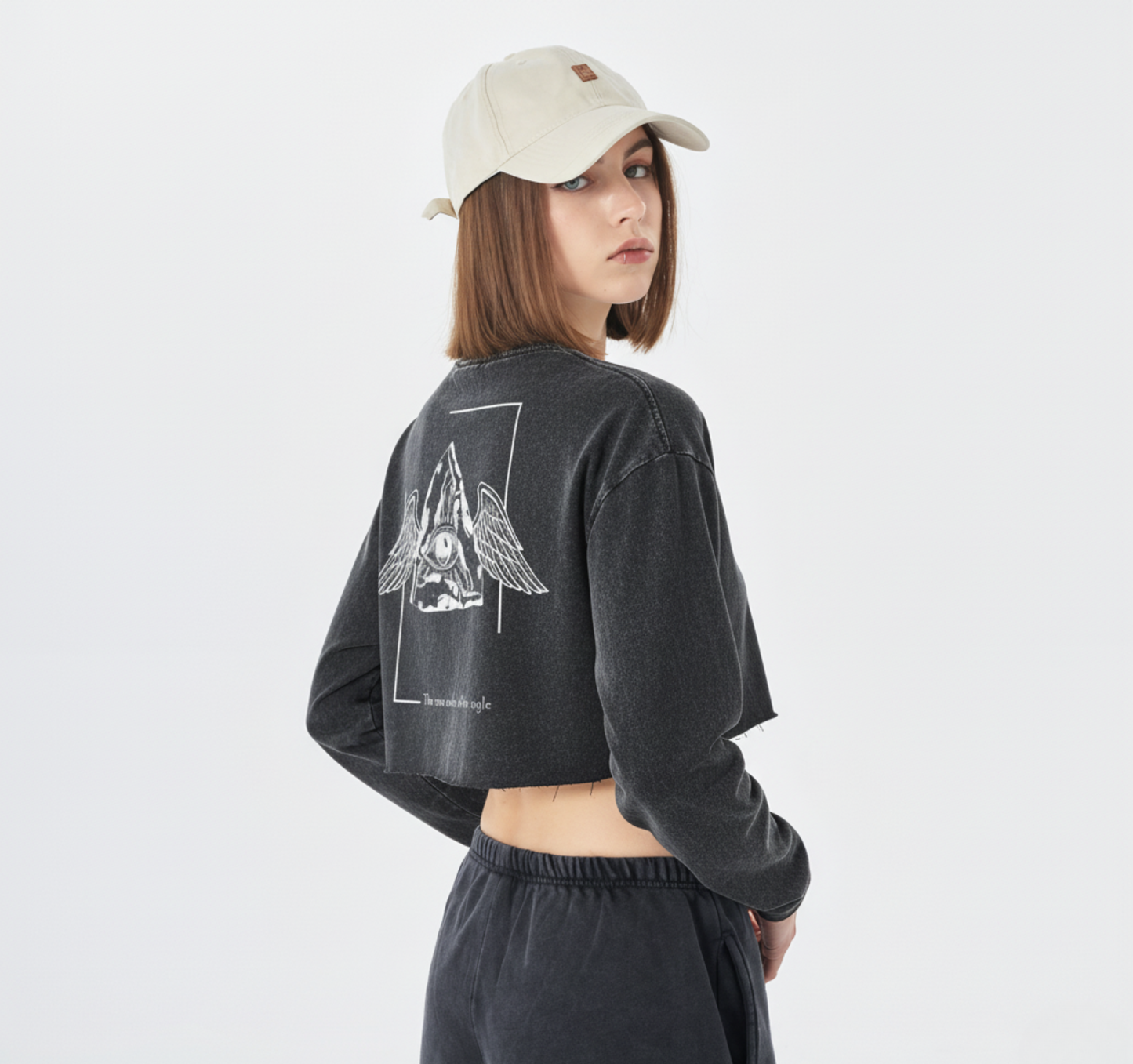 Women's Cropped Lightweight Sweatshirt - Illuminati White Big Logo Behind