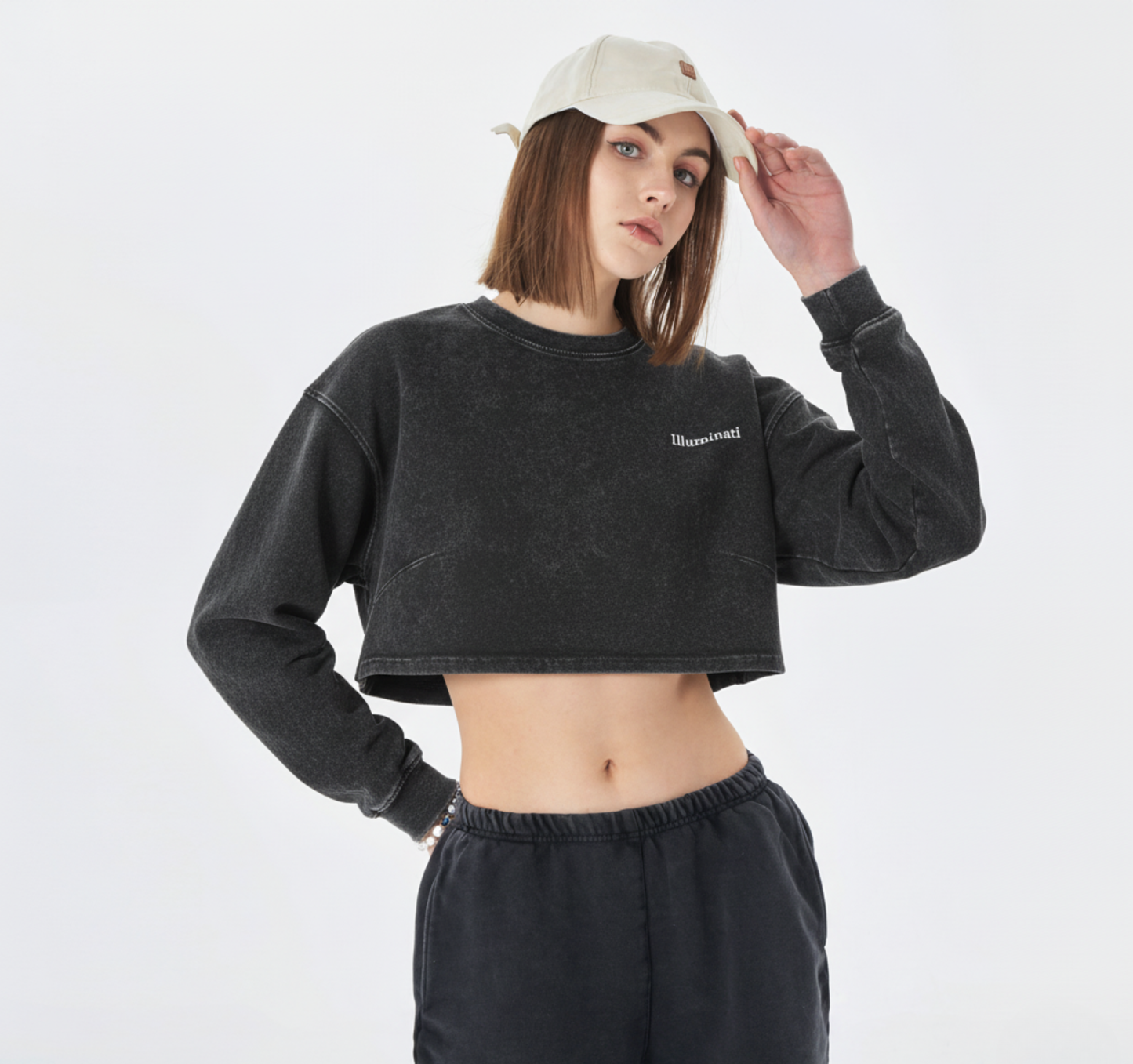 Women's Cropped Lightweight Sweatshirt - Illuminati White Big Logo Behind