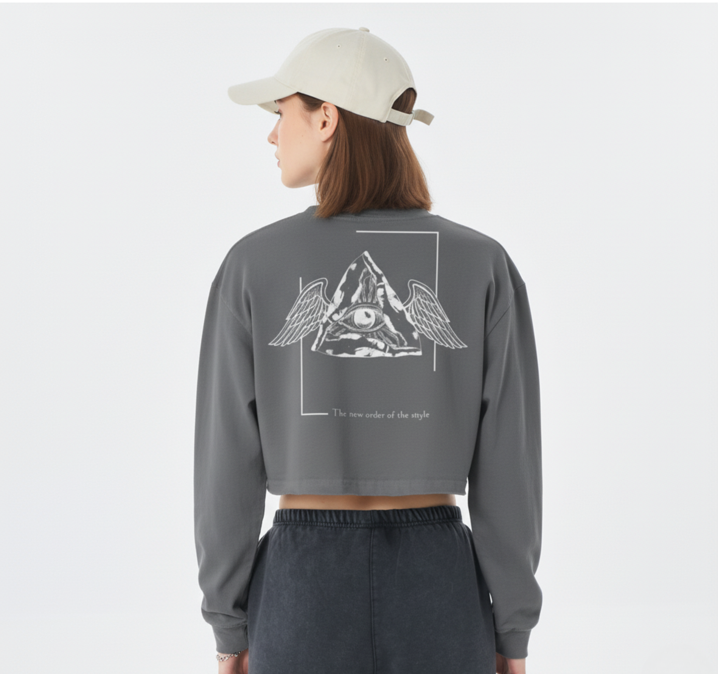 Women's Cropped Lightweight Sweatshirt - Illuminati White Big Logo Behind