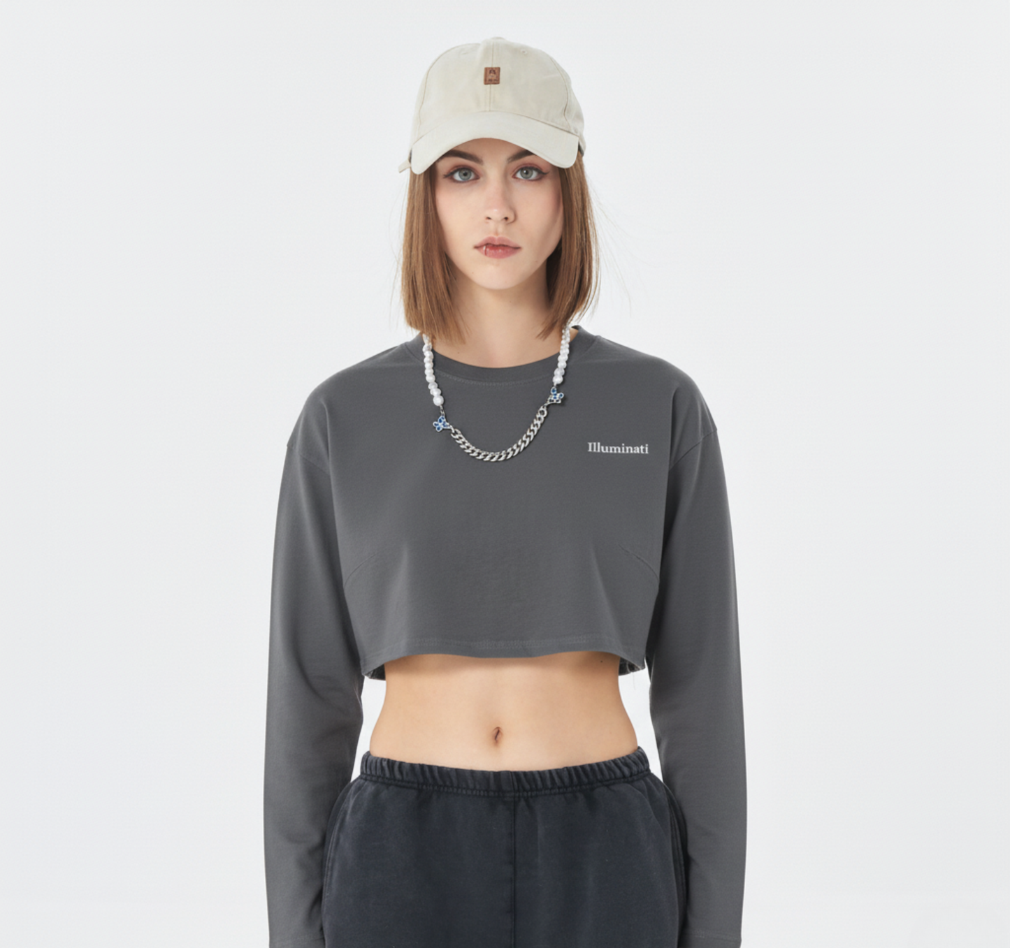 Women's Cropped Lightweight Sweatshirt - Illuminati White Big Logo Behind