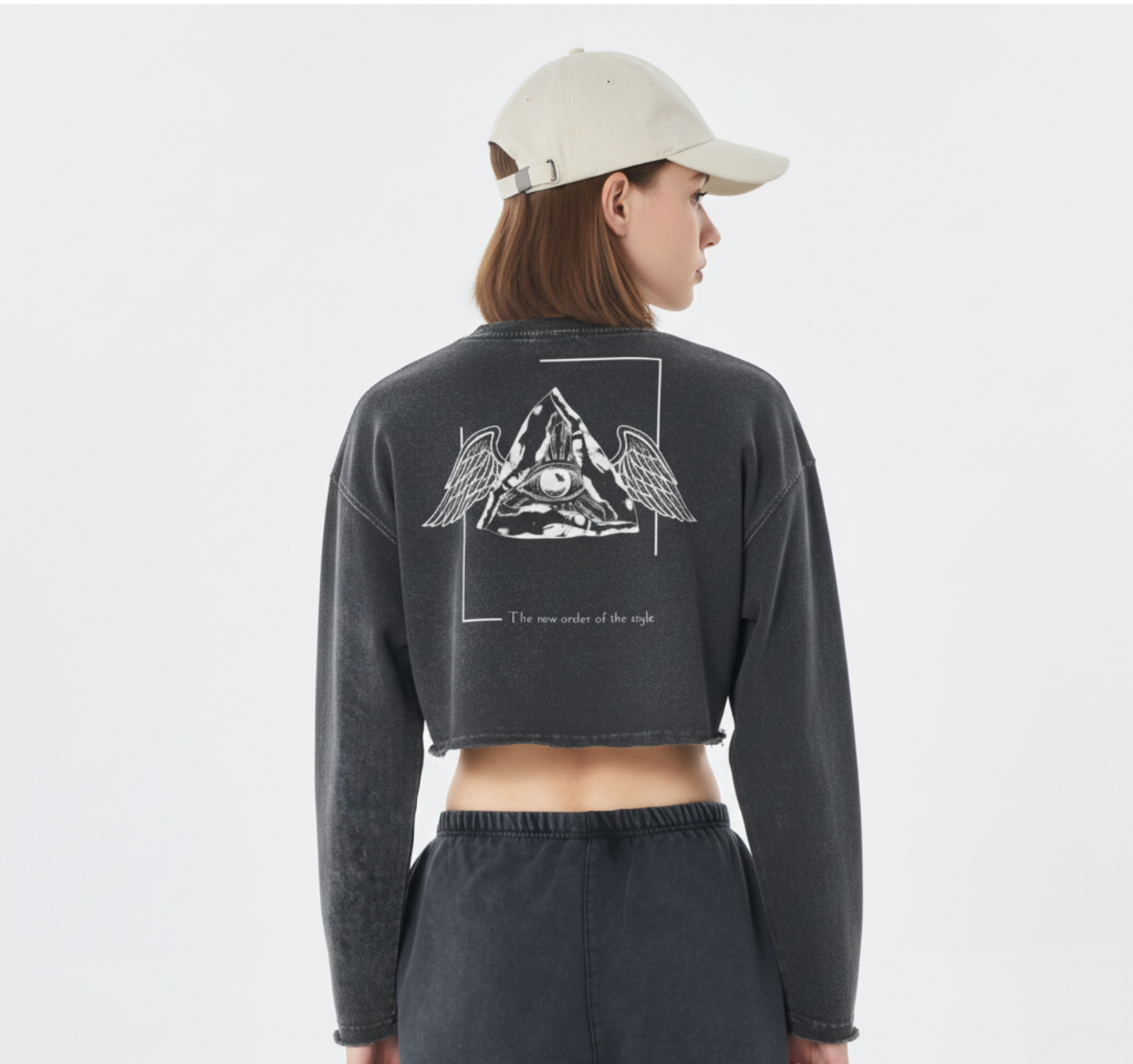 Women's Cropped Lightweight Sweatshirt - Illuminati White Big Logo Behind