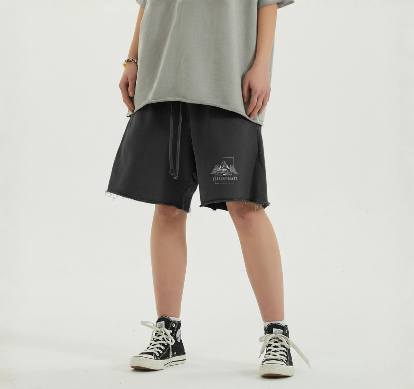 Baggy Shorts with Raw Hem - Illuminati White Logo